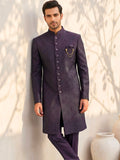 Midnight Plum Textured Indo-Western Sherwani Set with Gold Chain Brooch