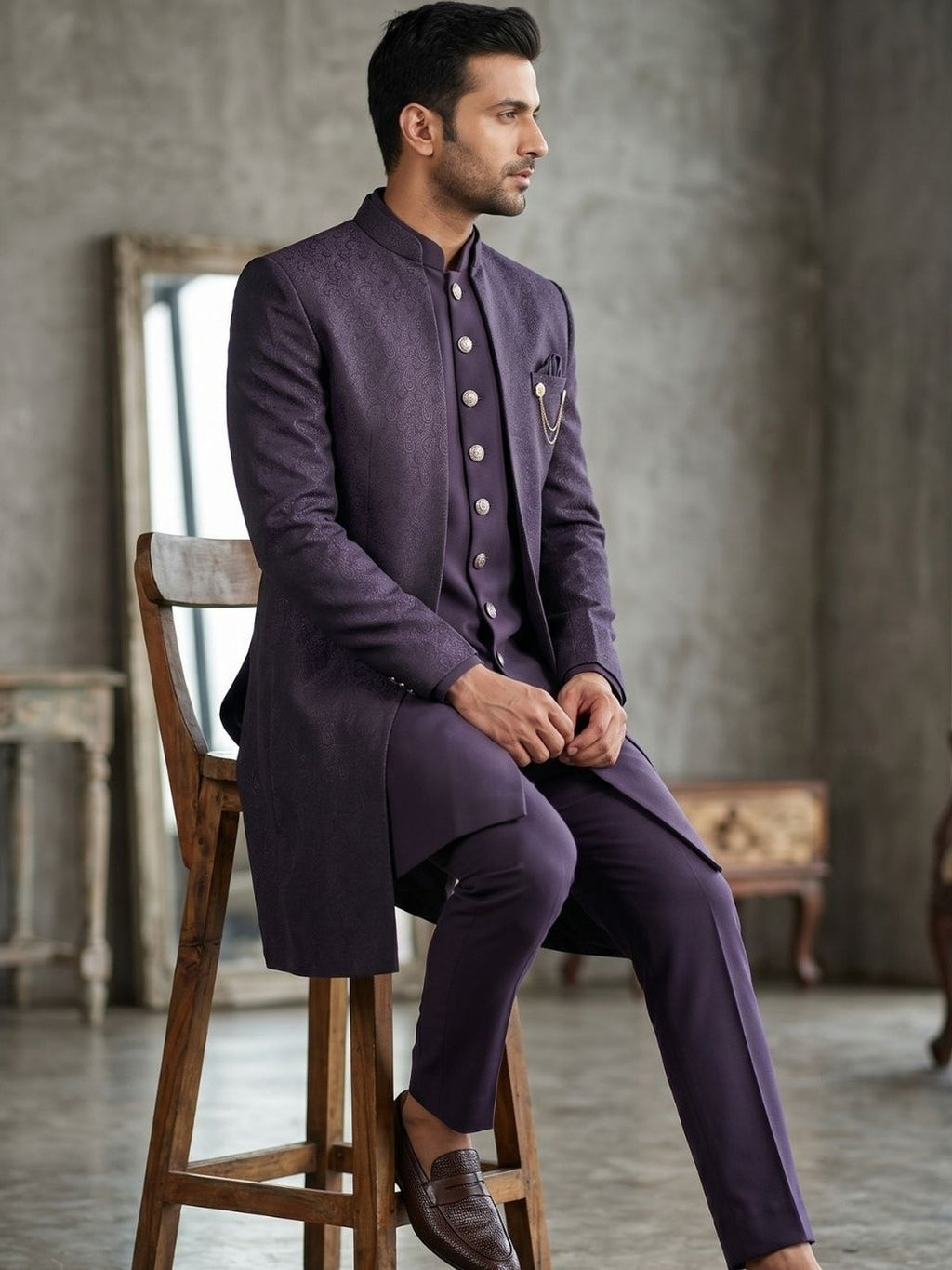 The Regal Aubergine Textured Indo-Western Ensemble