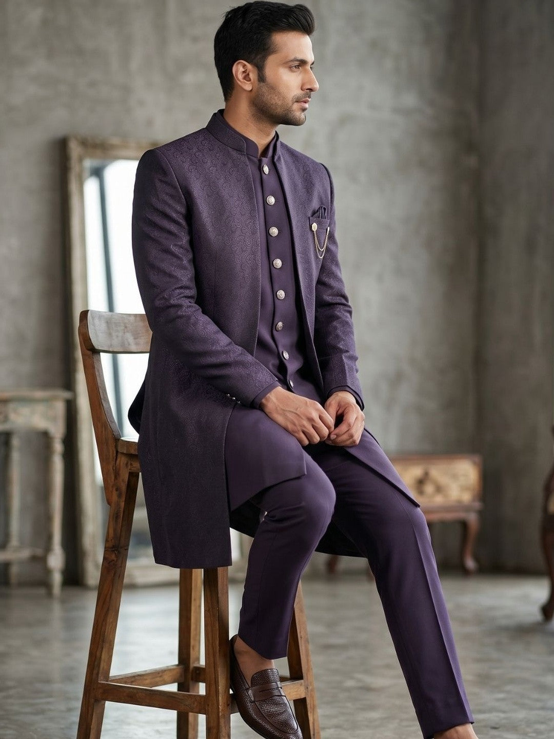 The Regal Aubergine Textured Indo-Western Ensemble