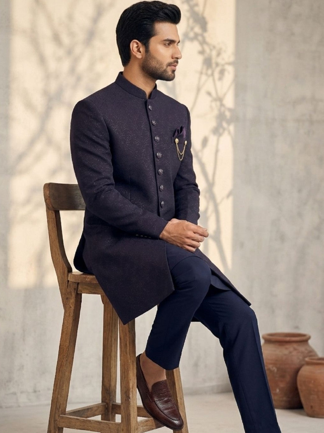 Royal Midnight Purple Jacquard Indo-Western Sherwani Set