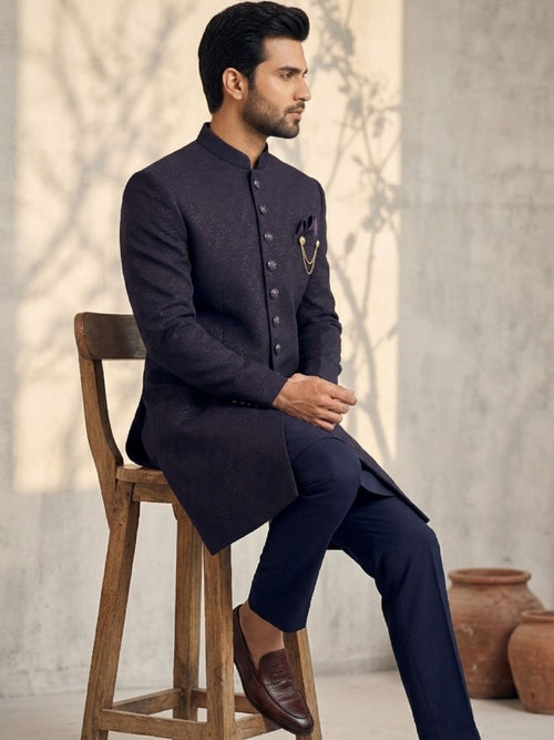 Royal Midnight Purple Jacquard Indo-Western Sherwani Set