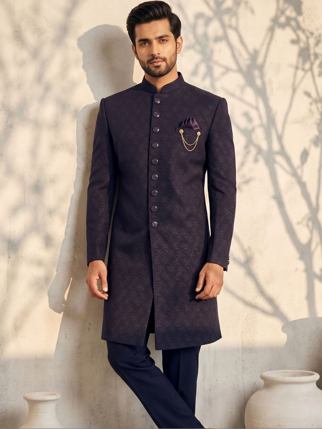 Royal Midnight Purple Jacquard Indo-Western Sherwani Set