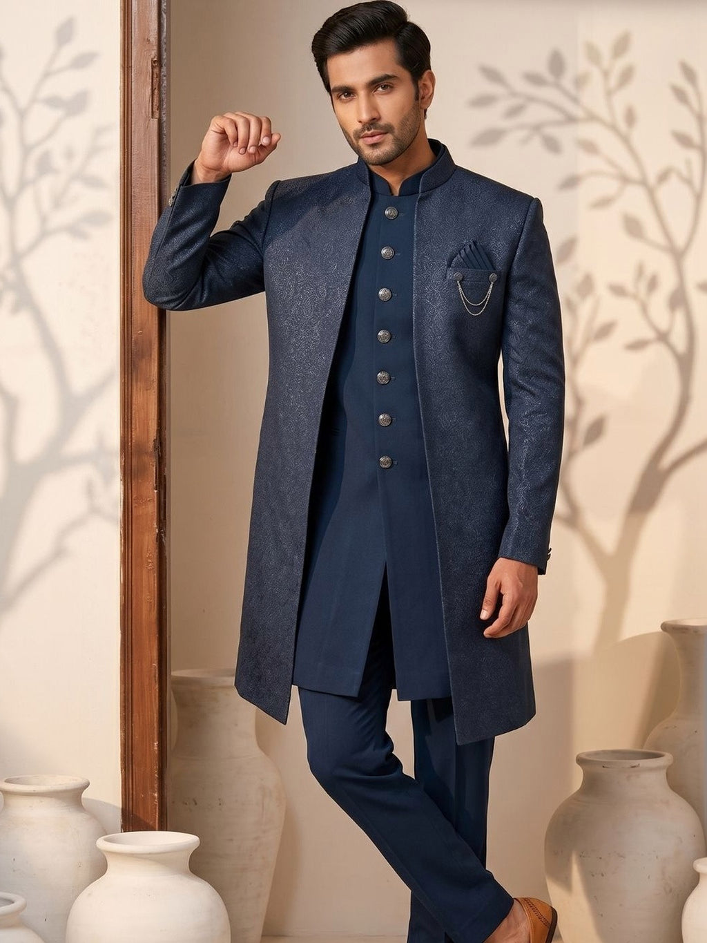 Midnight Blue Jacquard Indo-Western Ensemble