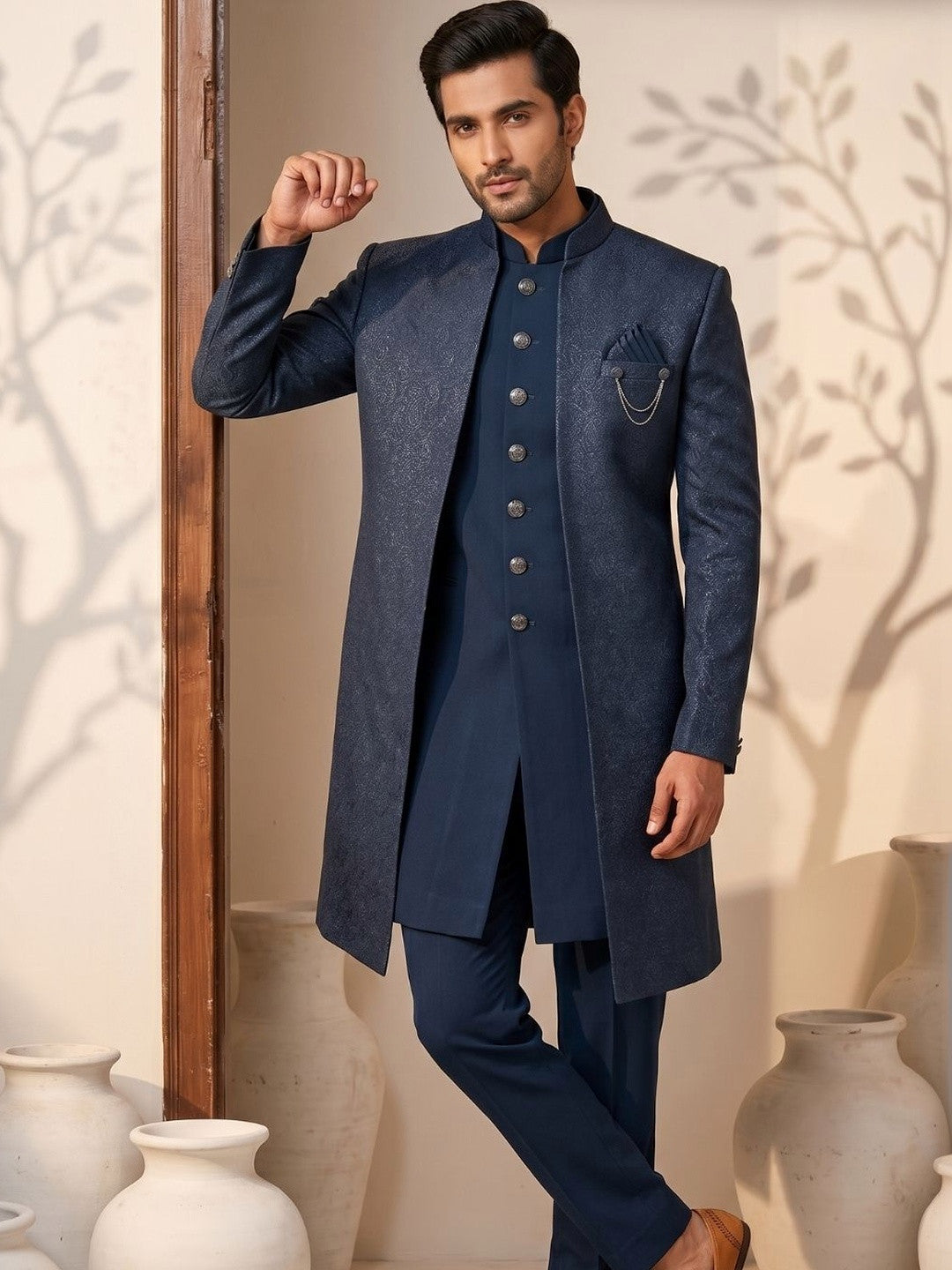 Midnight Blue Jacquard Indo-Western Ensemble
