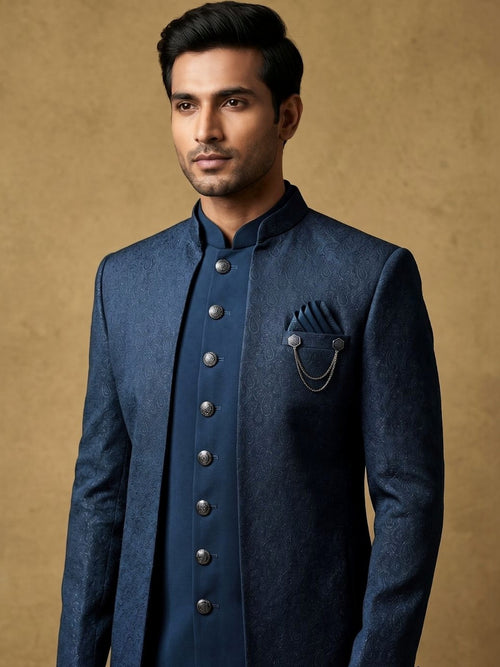Midnight Blue Jacquard Indo-Western Ensemble