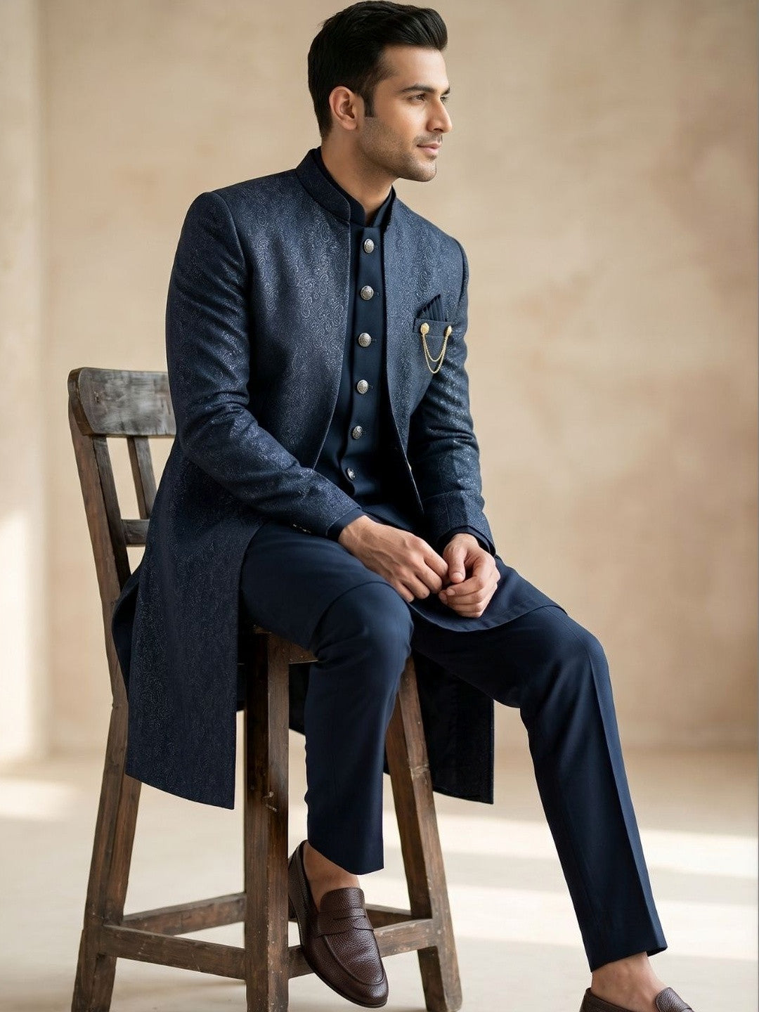 Midnight Blue Jacquard Indo-Western Ensemble