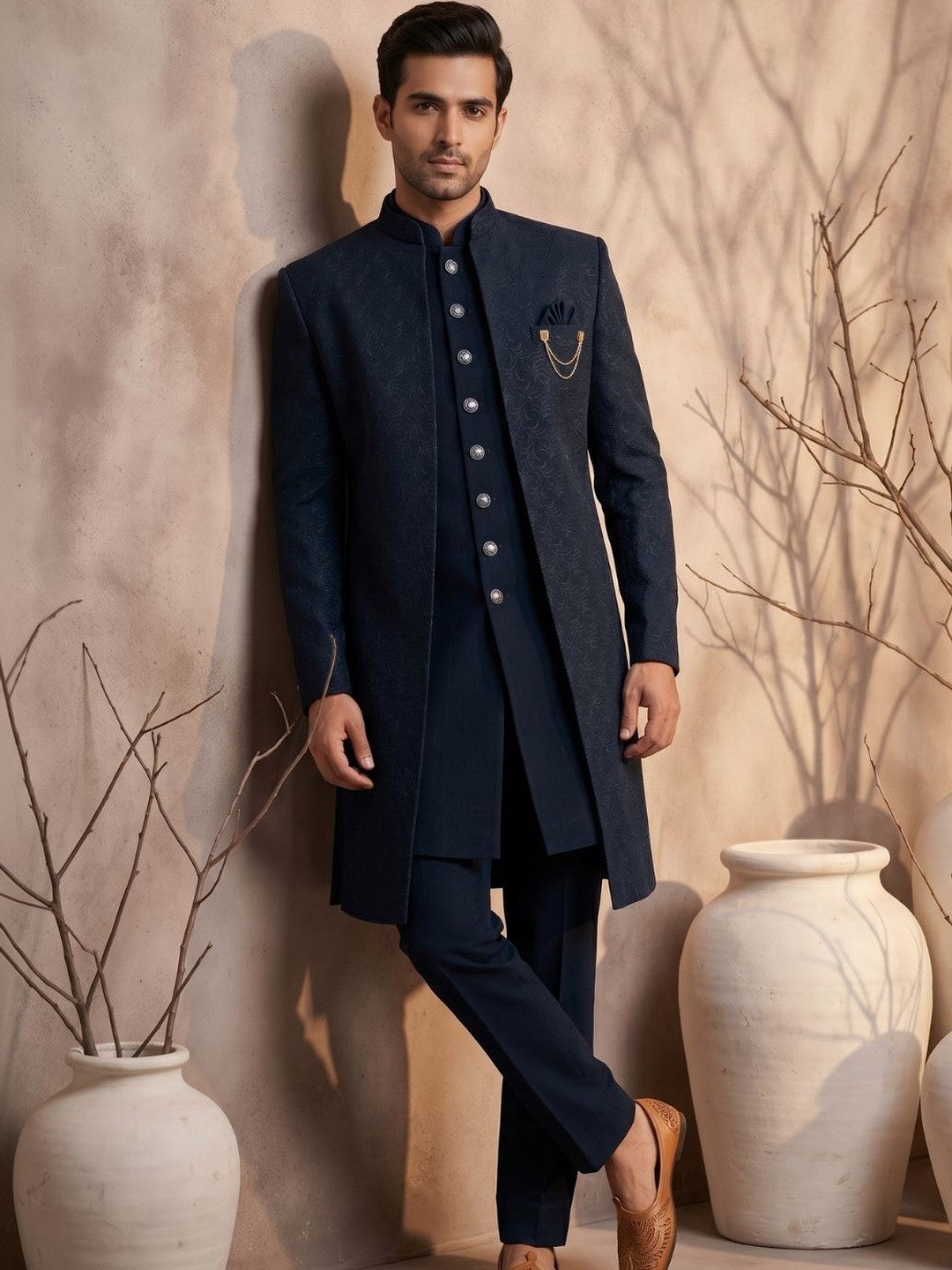 Midnight Blue Jacquard Indo-Western Sherwani Set