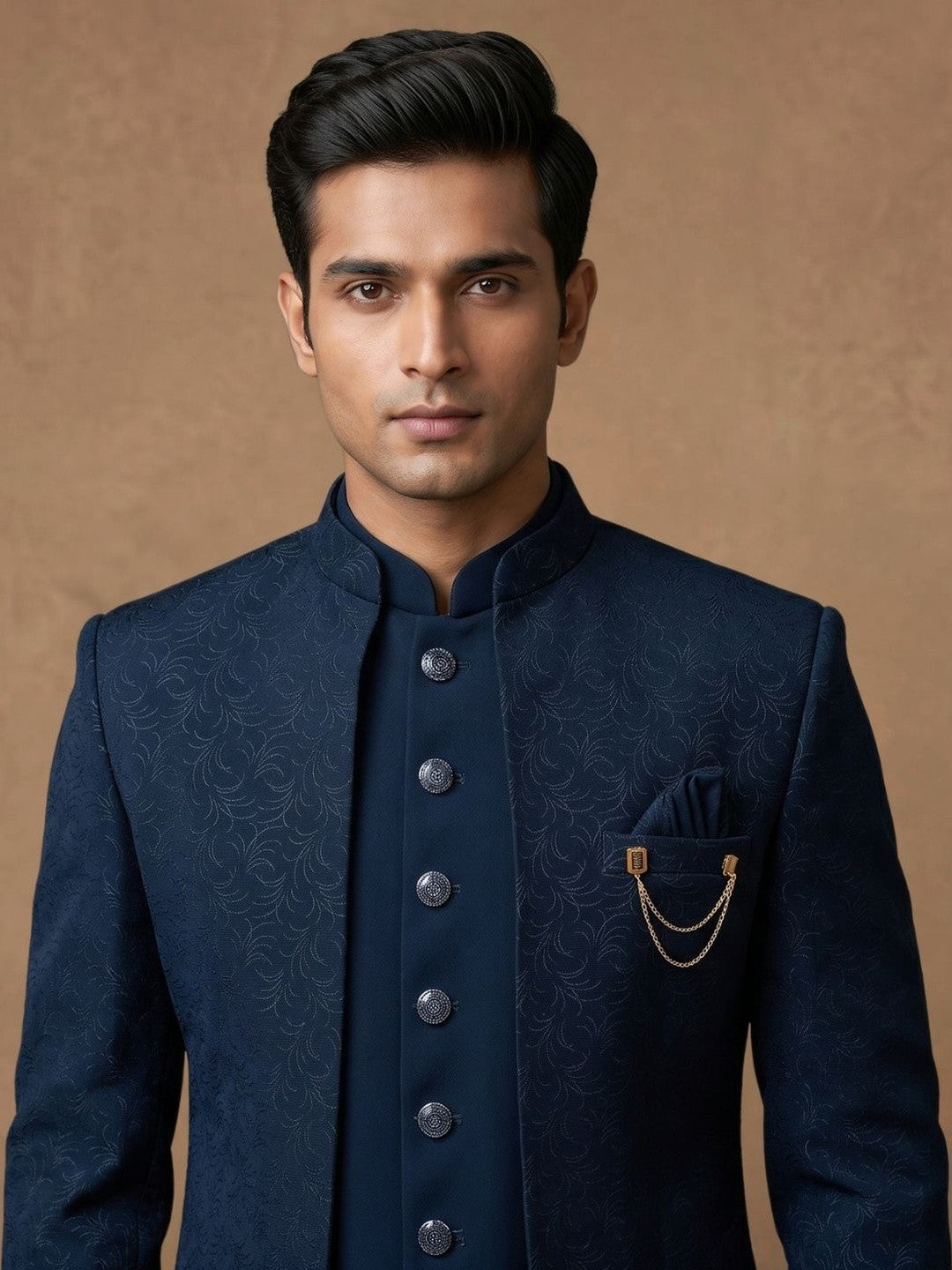 Midnight Blue Jacquard Indo-Western Sherwani Set