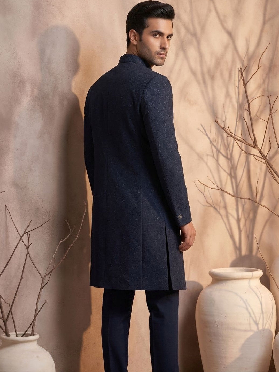 Midnight Blue Jacquard Indo-Western Sherwani Set