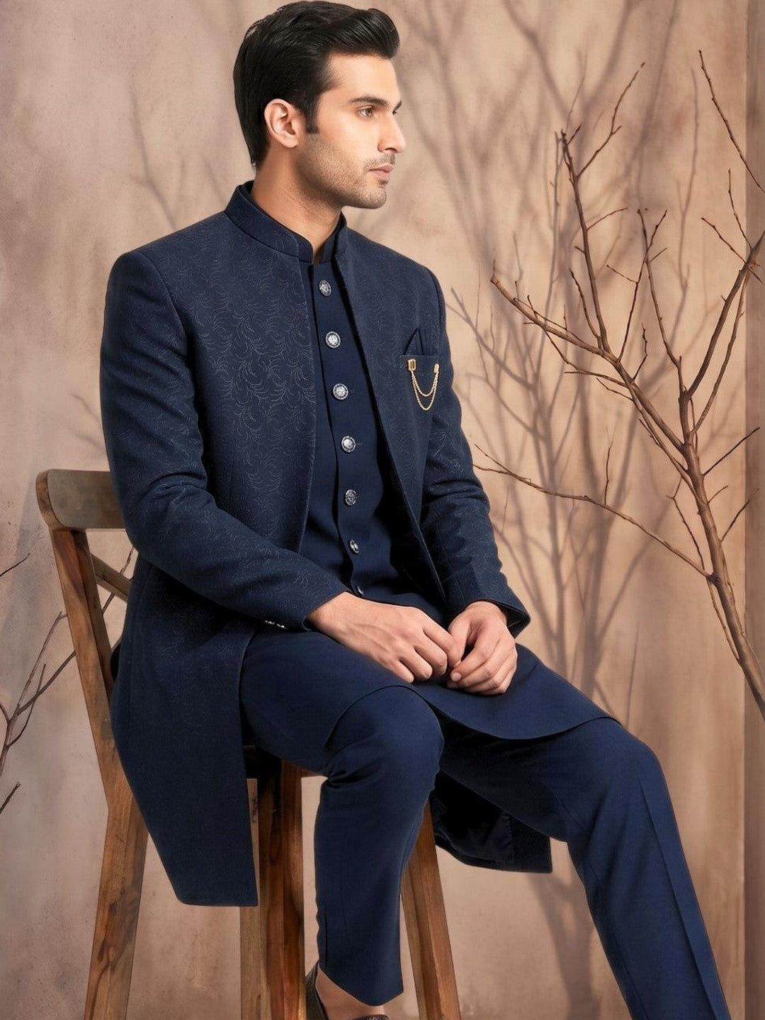 Midnight Blue Jacquard Indo-Western Sherwani Set