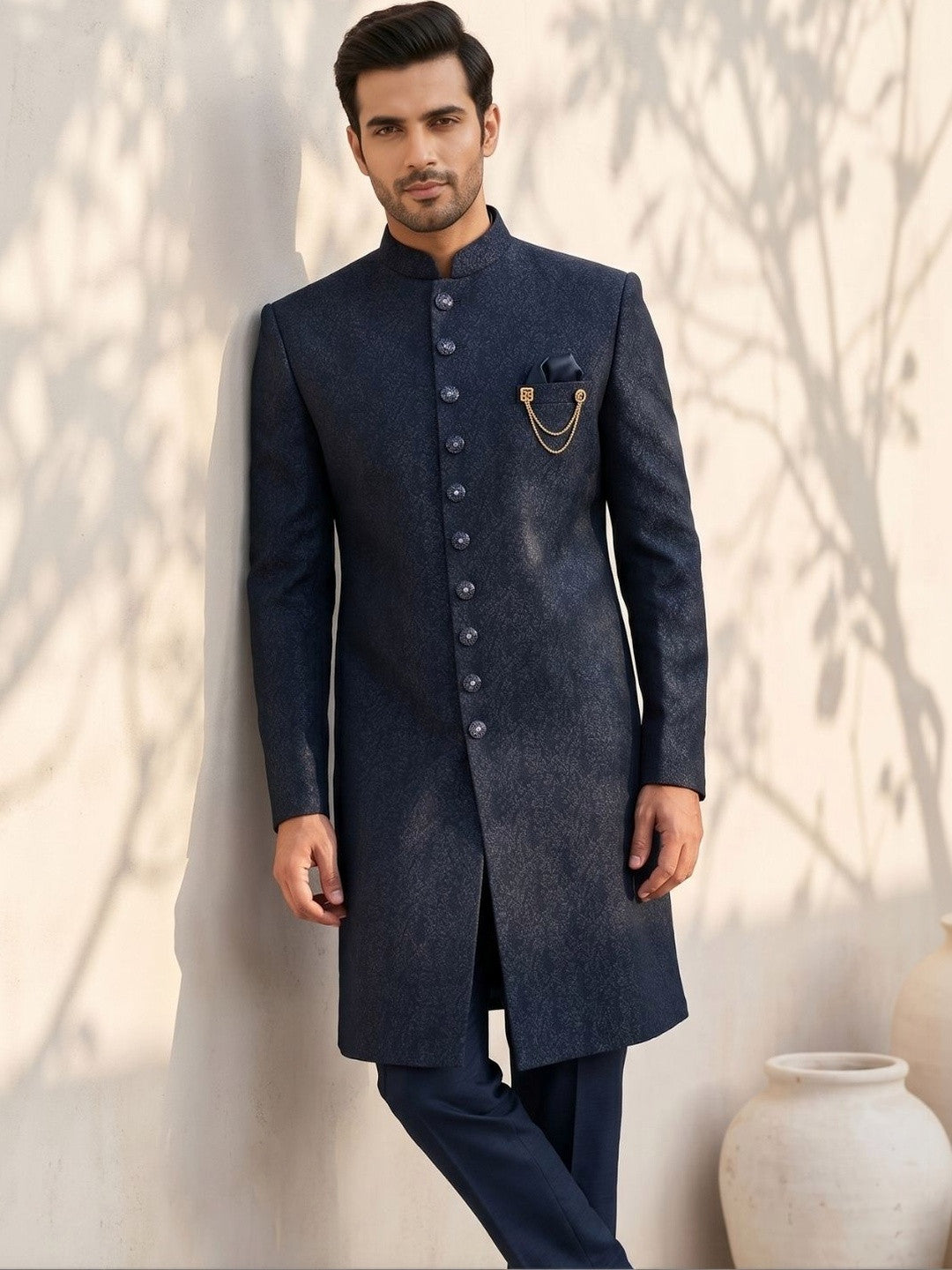 Midnight Blue Textured Indo-Western Sherwani with Chain Brooch