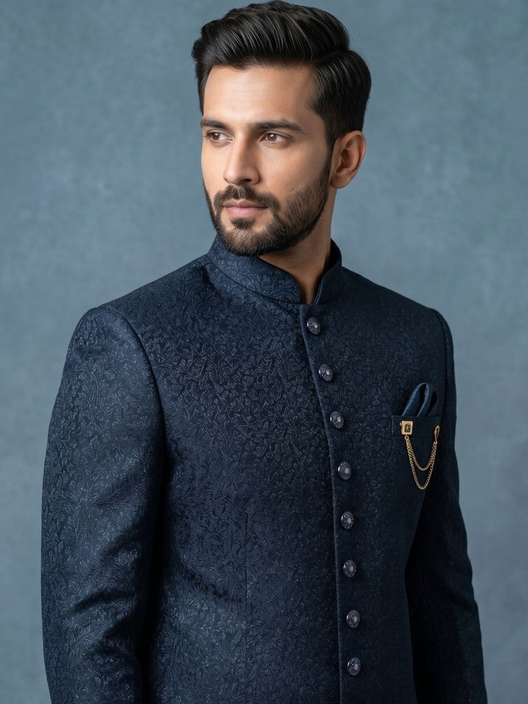 Midnight Blue Textured Indo-Western Sherwani with Chain Brooch