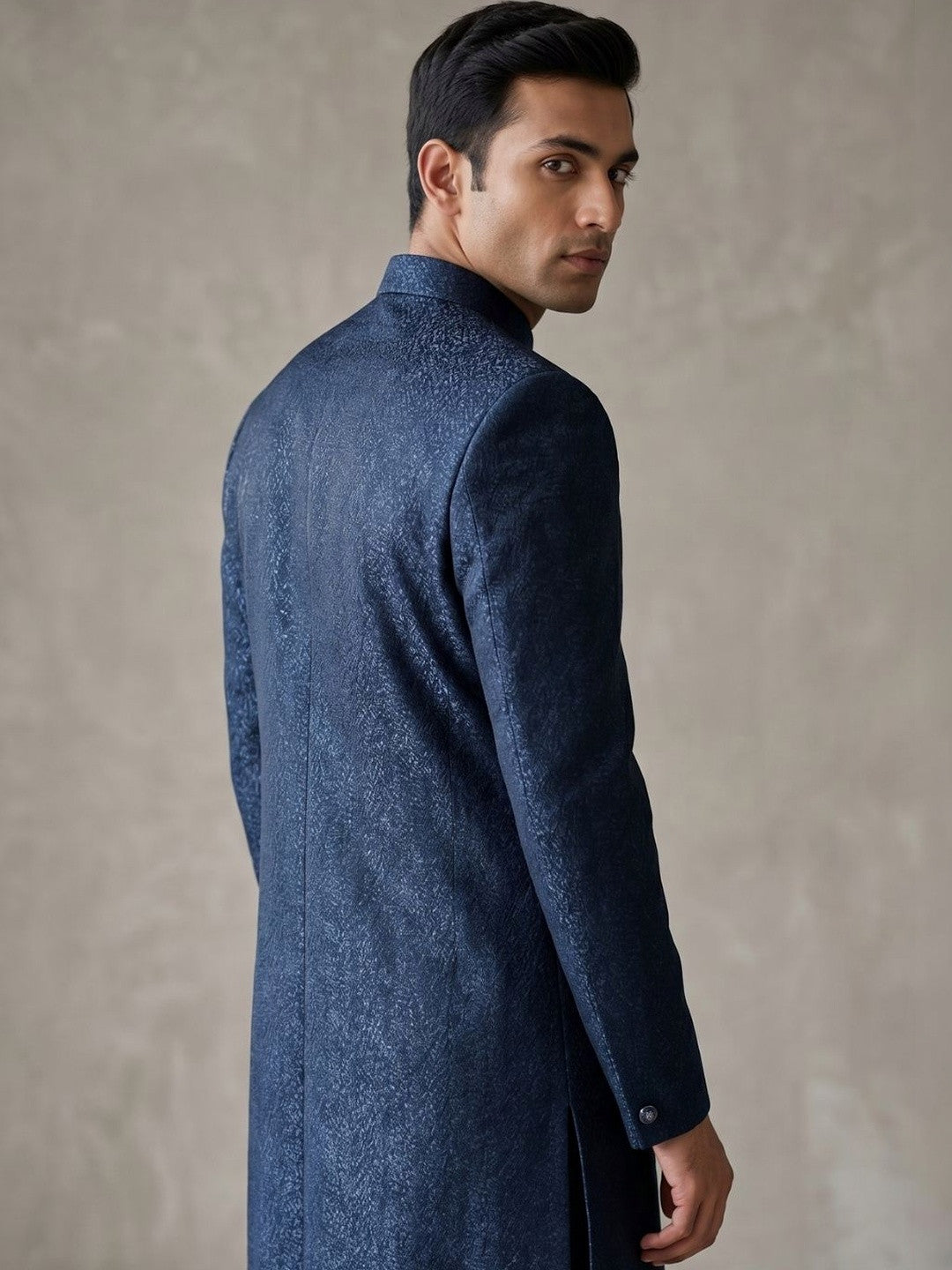 Midnight Blue Textured Indo-Western Sherwani with Chain Brooch