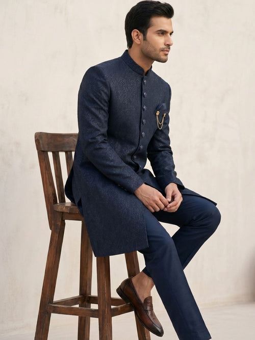 Midnight Blue Textured Indo-Western Sherwani with Chain Brooch