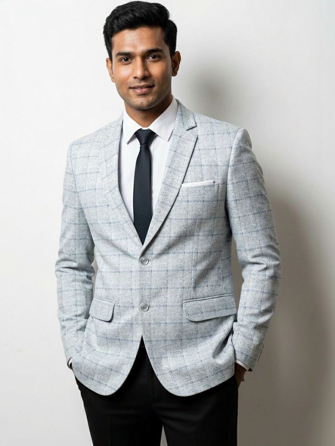 Premium Ice Grey Windowpane Check Blazer