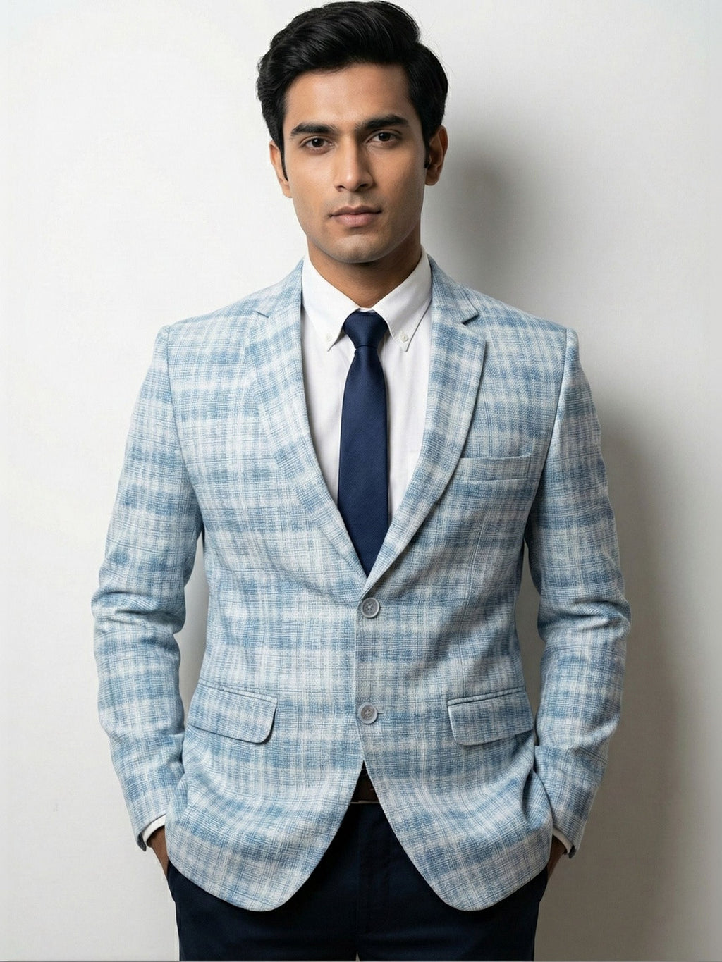 Tailored Light Blue Check Blazer