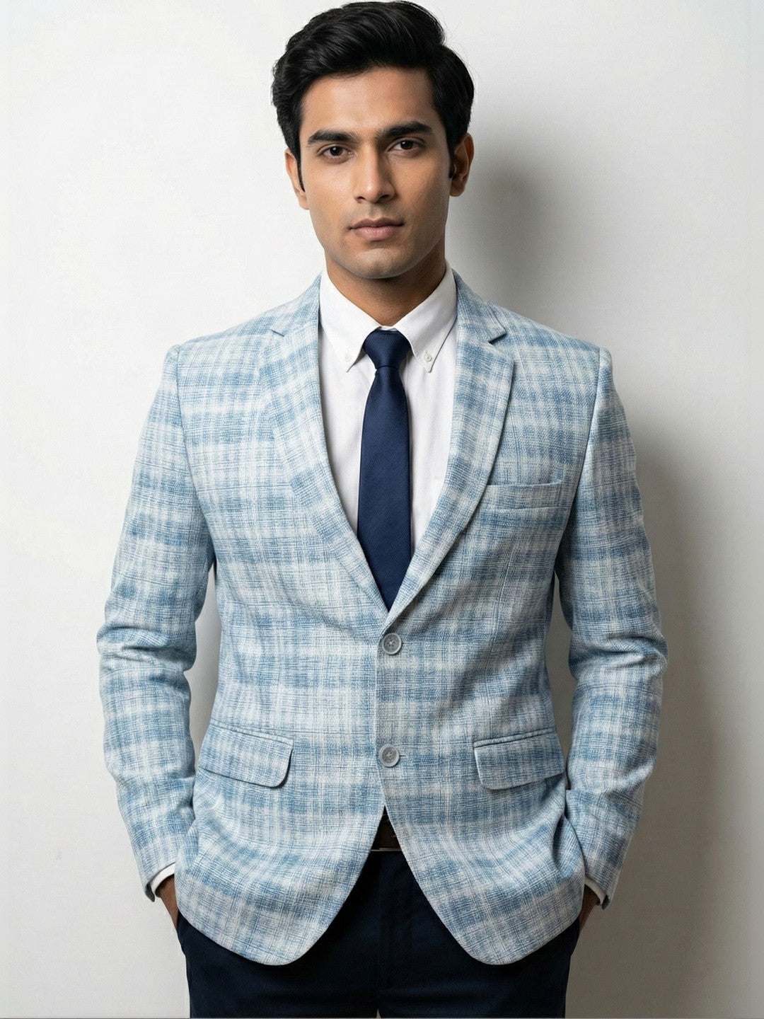 Tailored Light Blue Check Blazer
