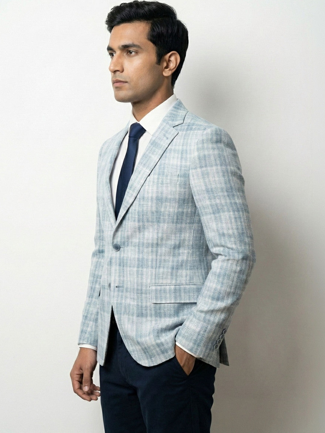Tailored Light Blue Check Blazer