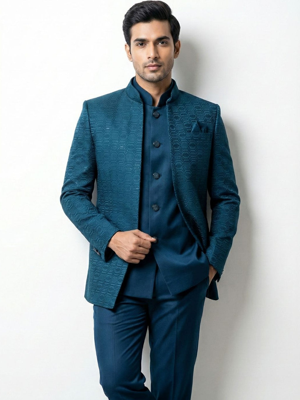 Midnight Teal Geometric Jacquard Jodhpuri Ensemble