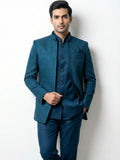 Midnight Teal Geometric Jacquard Jodhpuri Ensemble