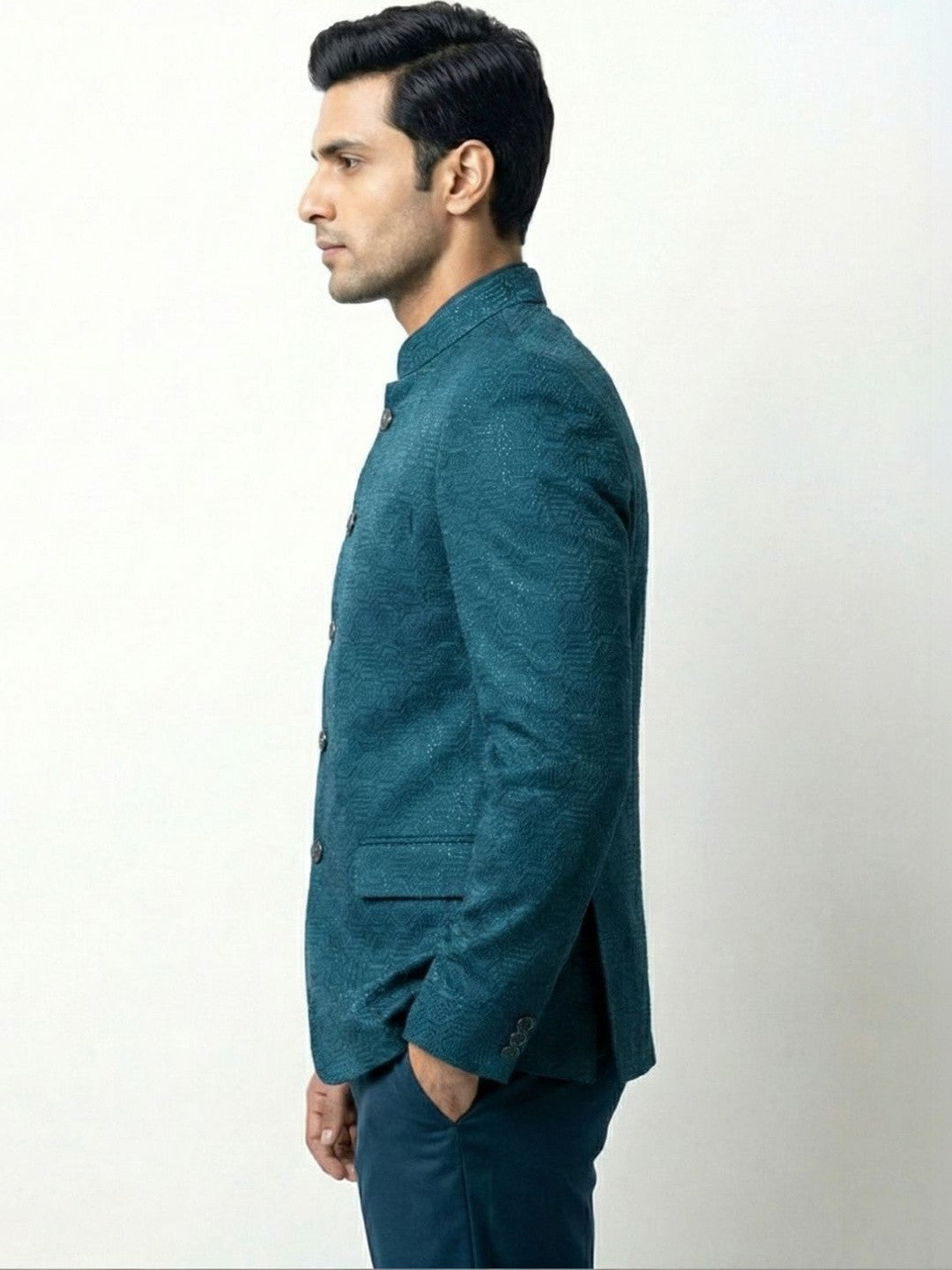 Midnight Teal Geometric Jacquard Jodhpuri Ensemble