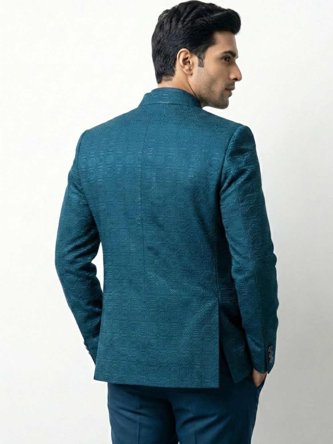 Midnight Teal Geometric Jacquard Jodhpuri Ensemble