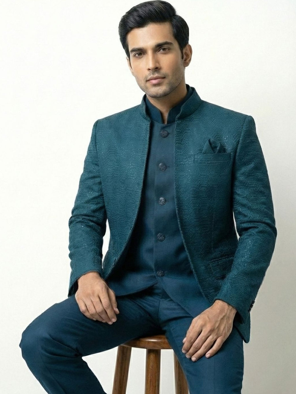 Midnight Teal Geometric Jacquard Jodhpuri Ensemble