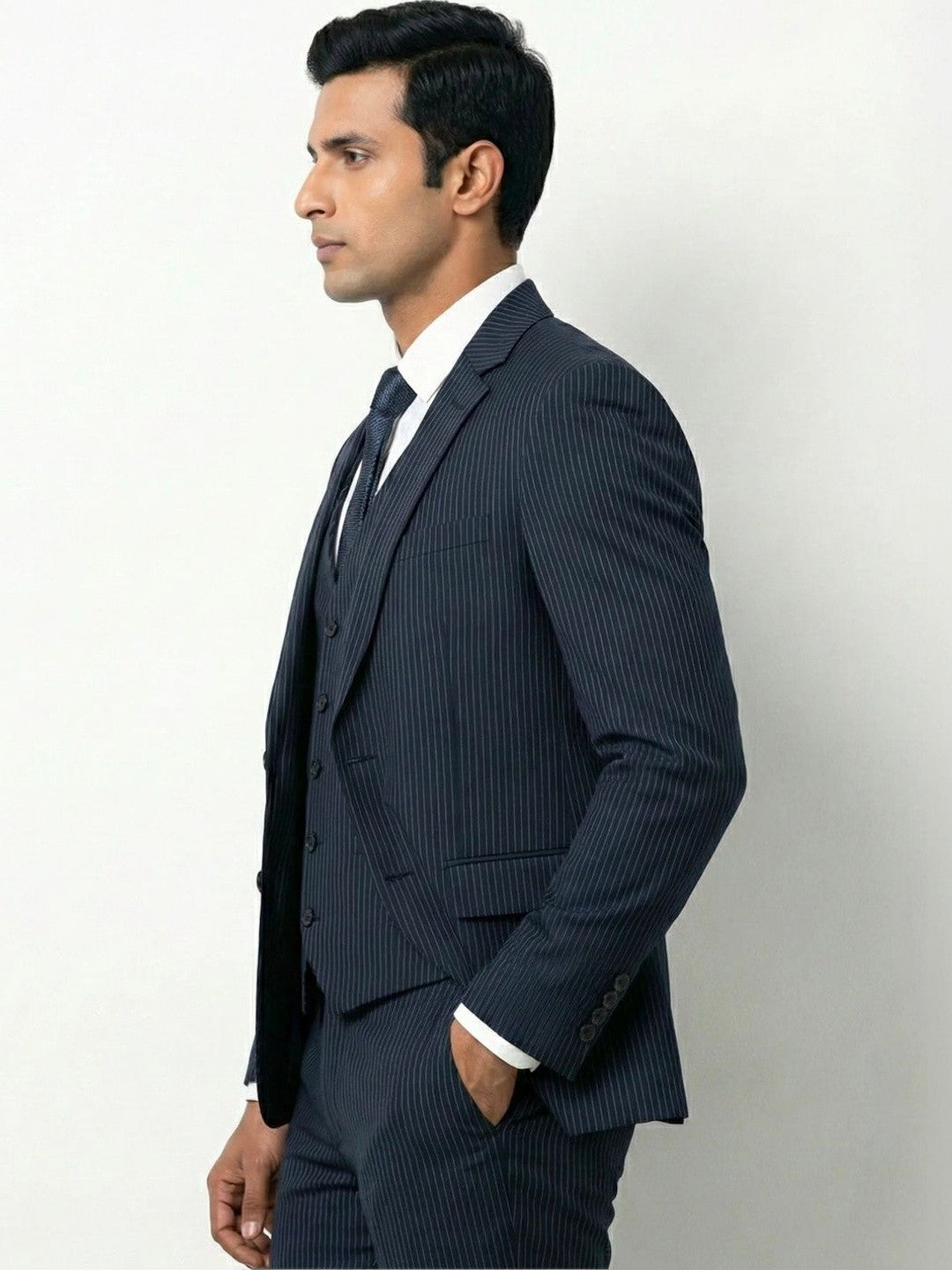 Premium Navy Pinstripe Three-Piece Suit