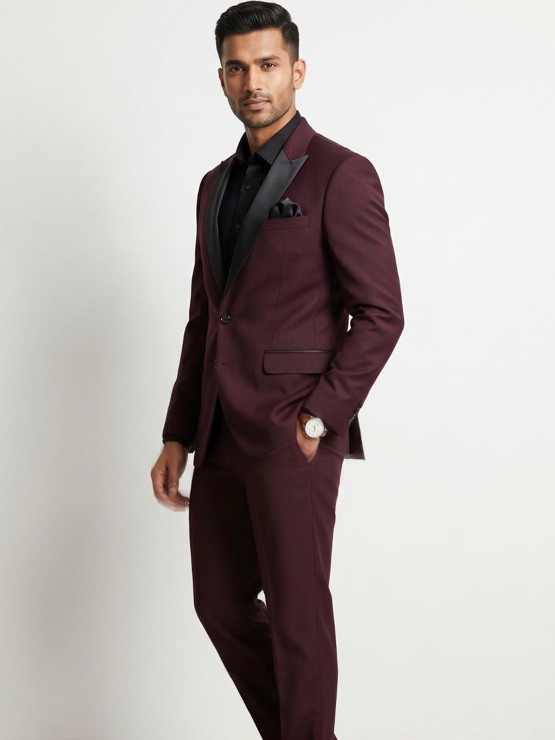 Premium Burgundy Tuxedo with Black Satin Peak Lapels