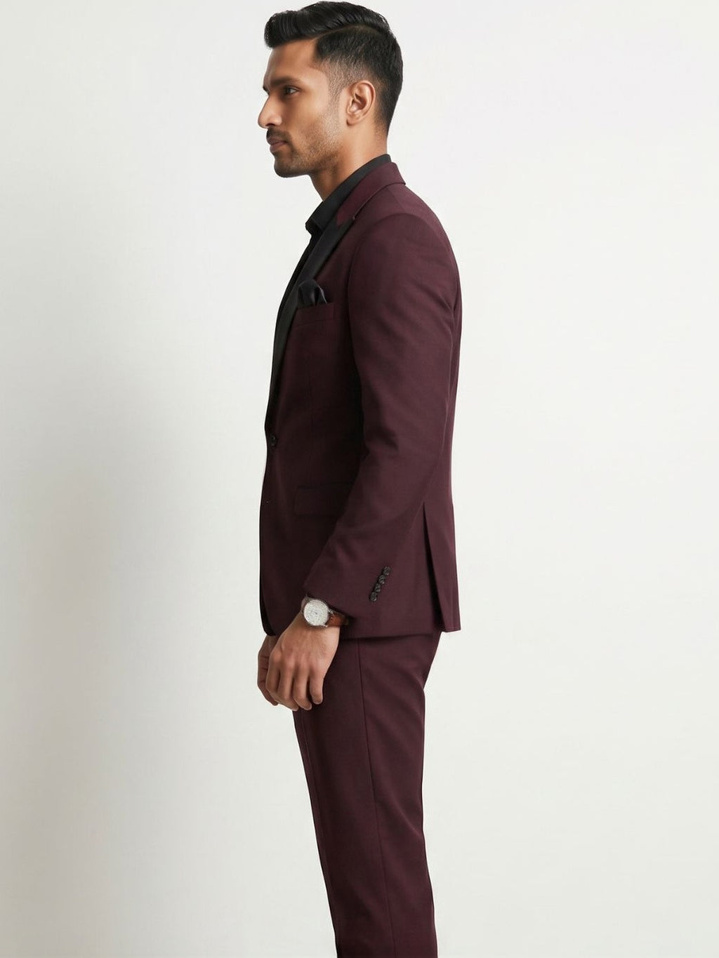 Premium Burgundy Tuxedo with Black Satin Peak Lapels