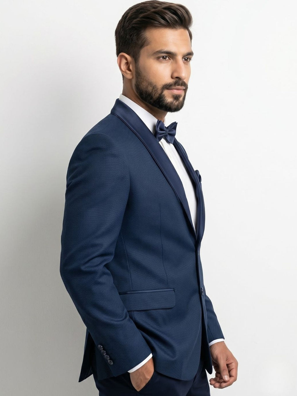 Midnight Navy Textured Tuxedo with Satin Shawl Lapel