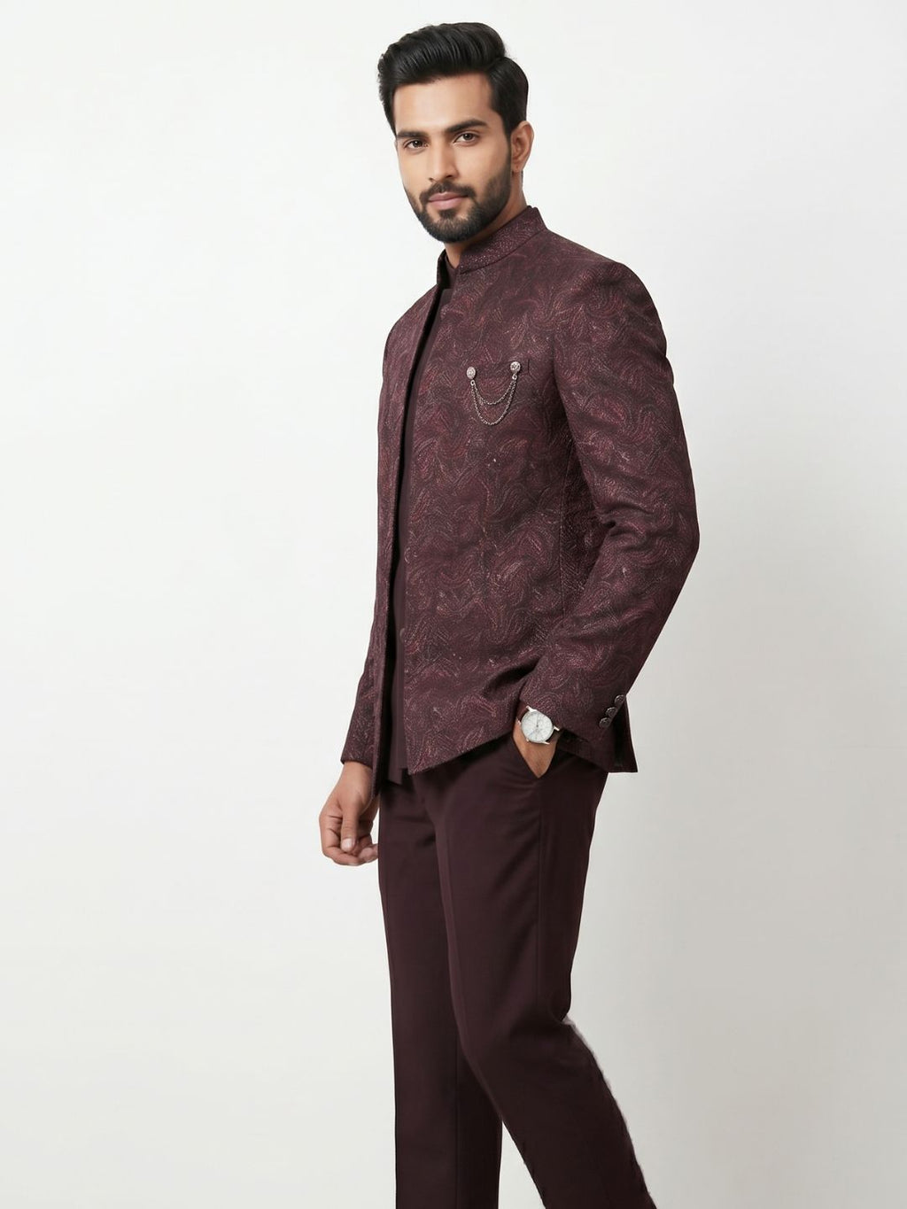Regal Burgundy Jacquard Bandhgala Suit Set