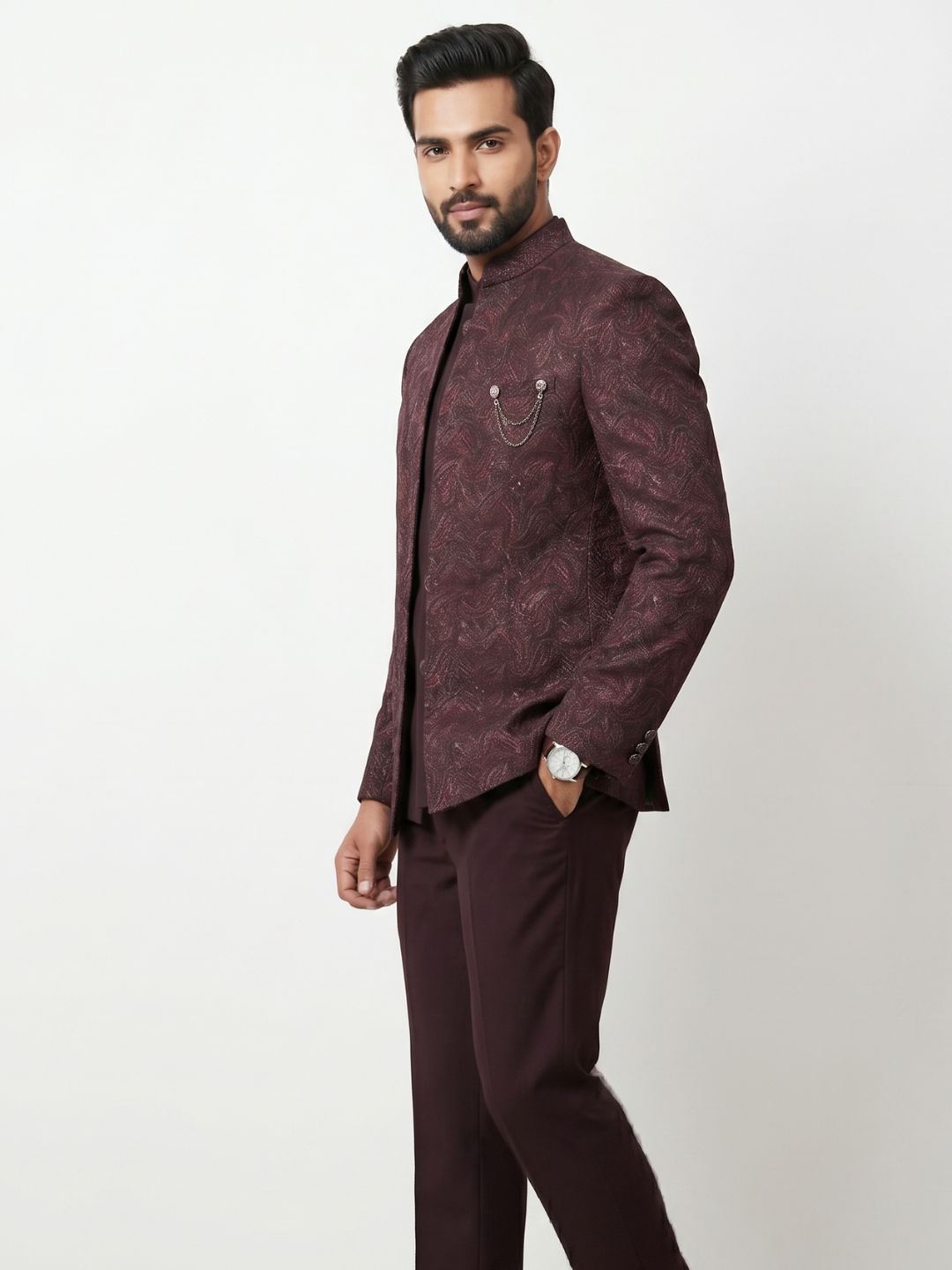 Regal Burgundy Jacquard Bandhgala Suit Set